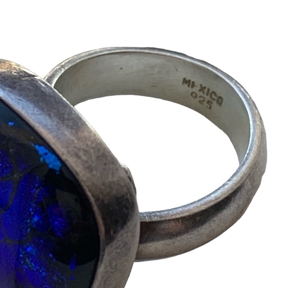Mexico Modernist Sterling Silver Bright Cobalt Blue Glass Unisex Ring Jewelry - Picture 3 of 8